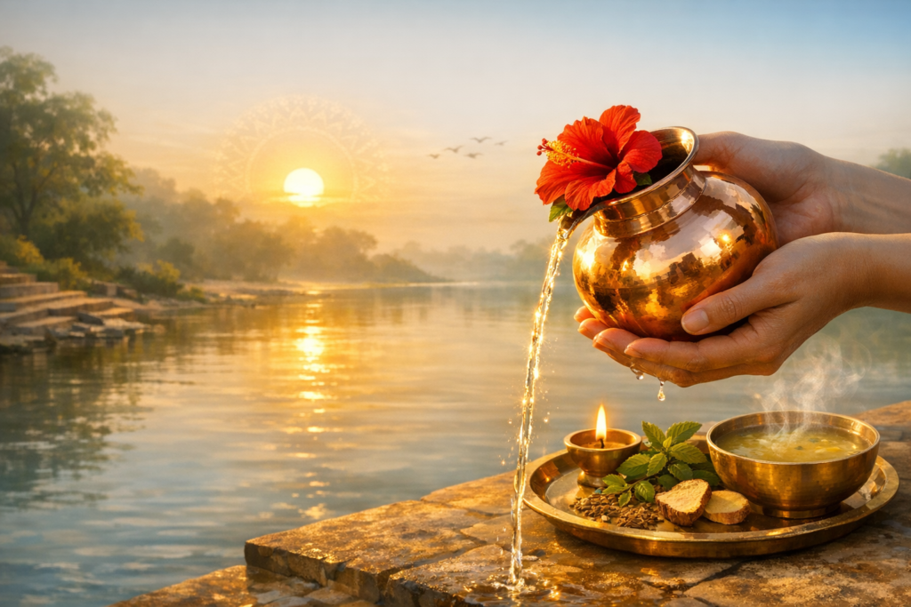 Hands pour water from a copper pot with a red hibiscus beside a river at sunrise; a brass tray holds a lit oil lamp, ginger slices, green leaves, and a steaming bowl on the stone steps.