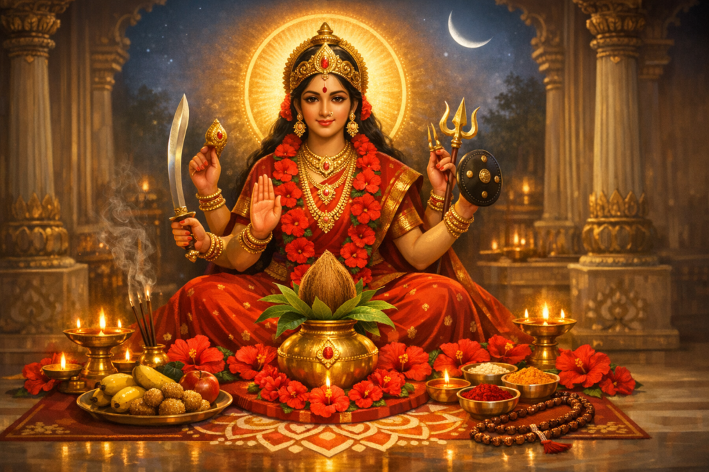 Illustration of the Hindu goddess Durga seated in a temple, wearing red silk and gold jewelry, holding trident, sword, shield, and a small object, ringed by diyas, hibiscus, prasad, and a kalash.