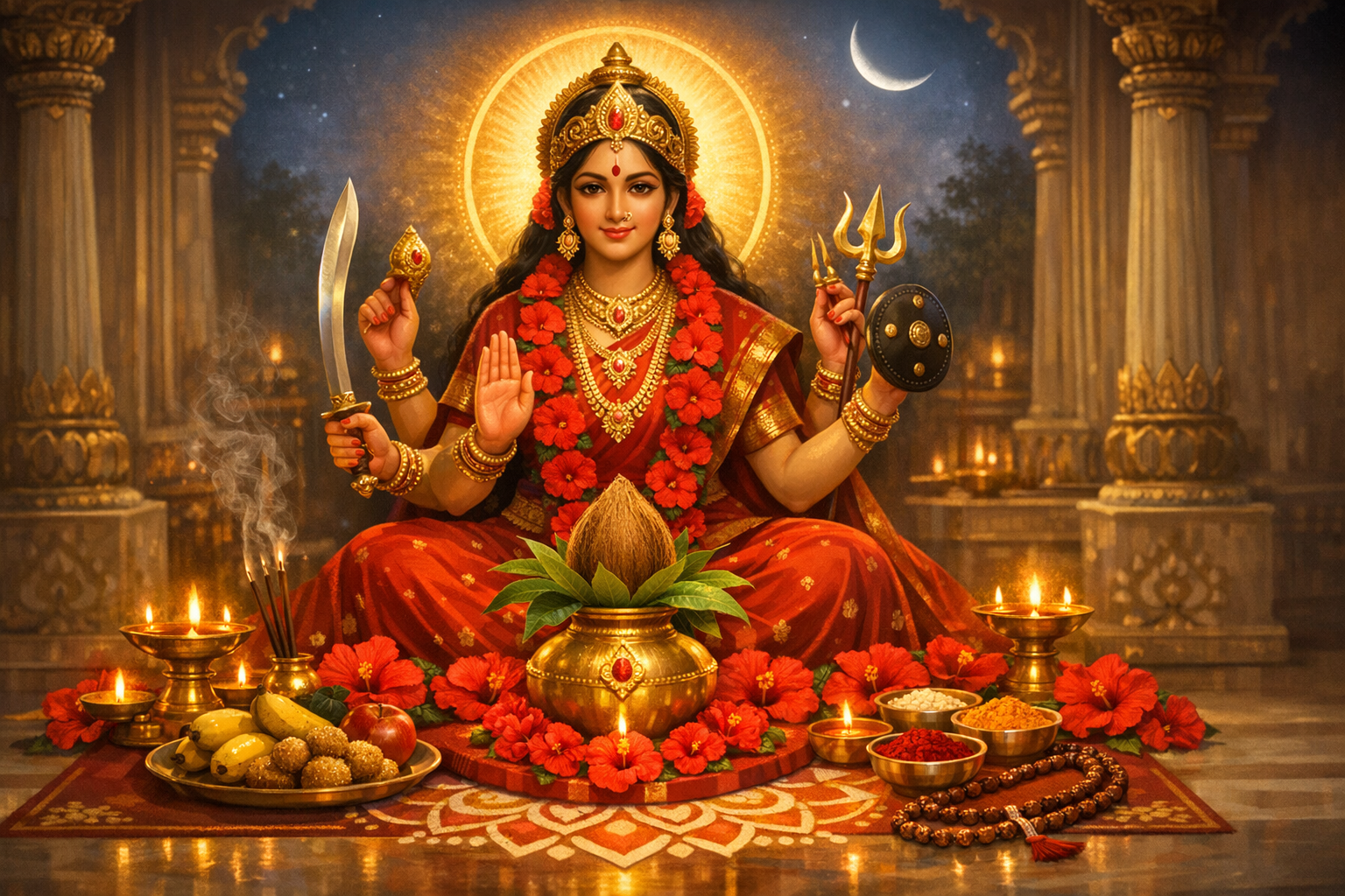 Illustration of the Hindu goddess Durga seated in a temple, wearing red silk and gold jewelry, holding trident, sword, shield, and a small object, ringed by diyas, hibiscus, prasad, and a kalash.