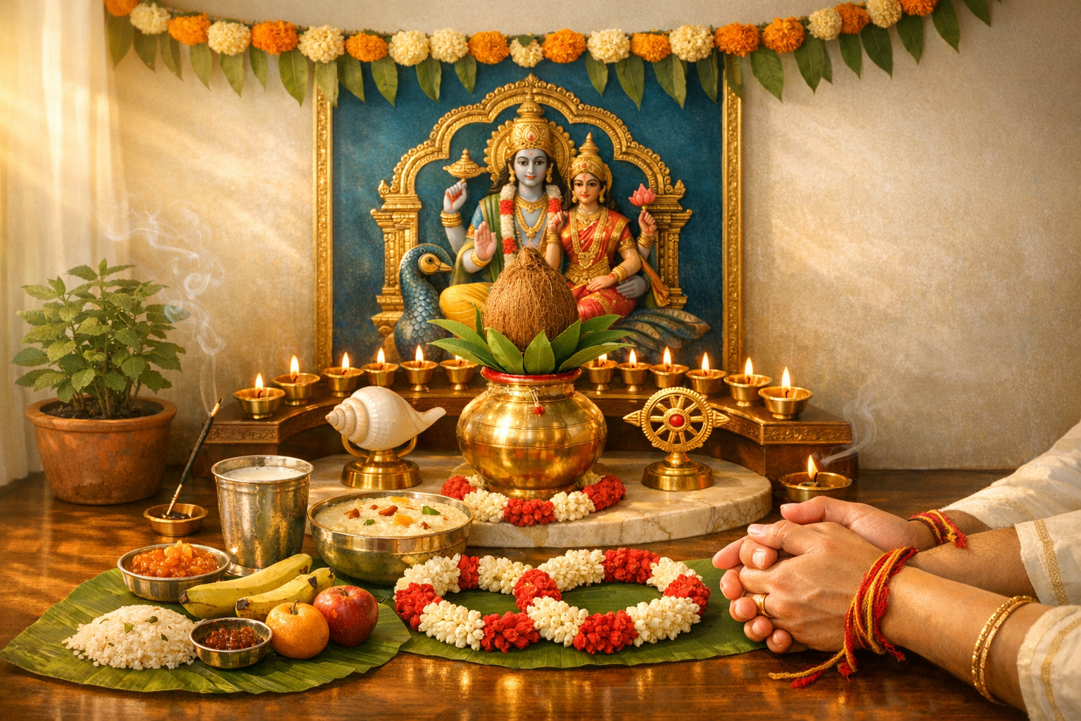 Home puja setup with a framed image of a deity couple, lit brass diyas, a kalash topped with coconut, Tulsi plant, rising incense, and prasad on banana leaf as hands join in prayer; {post.categories}