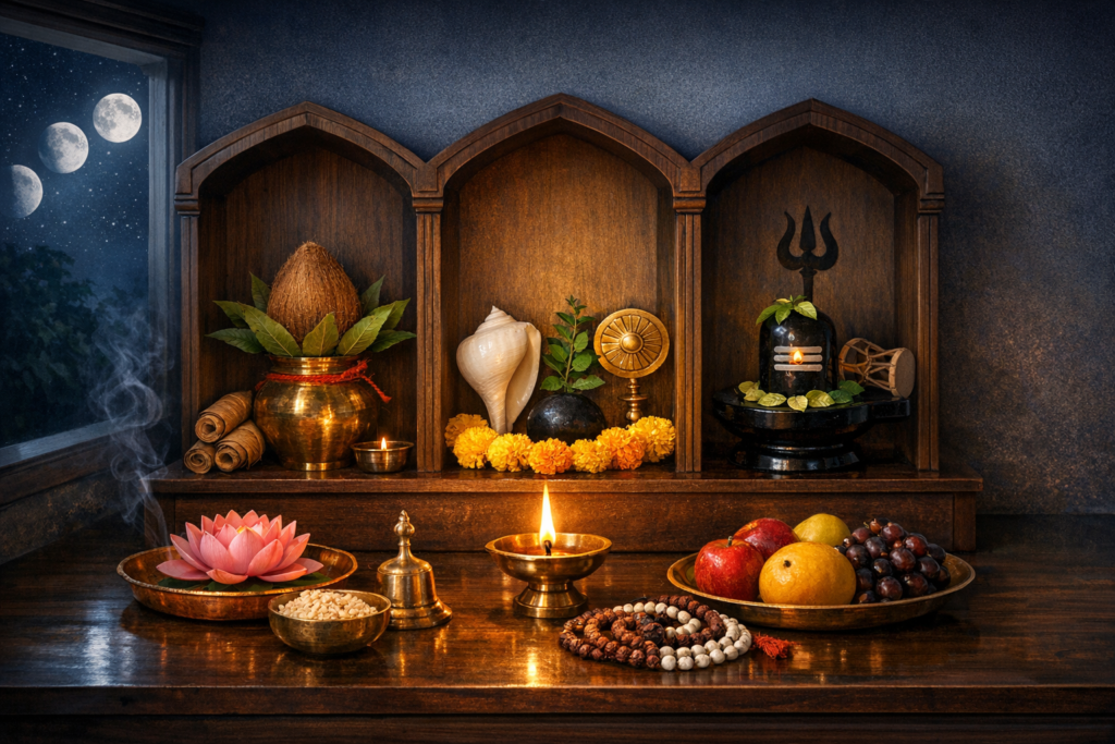Warm-lit Hindu home shrine with Shiva lingam, trident motif, diya, kalash with coconut, conch, marigold garland, lotus, fruits, rice and rudraksha mala; incense smoke and moon phases at window.