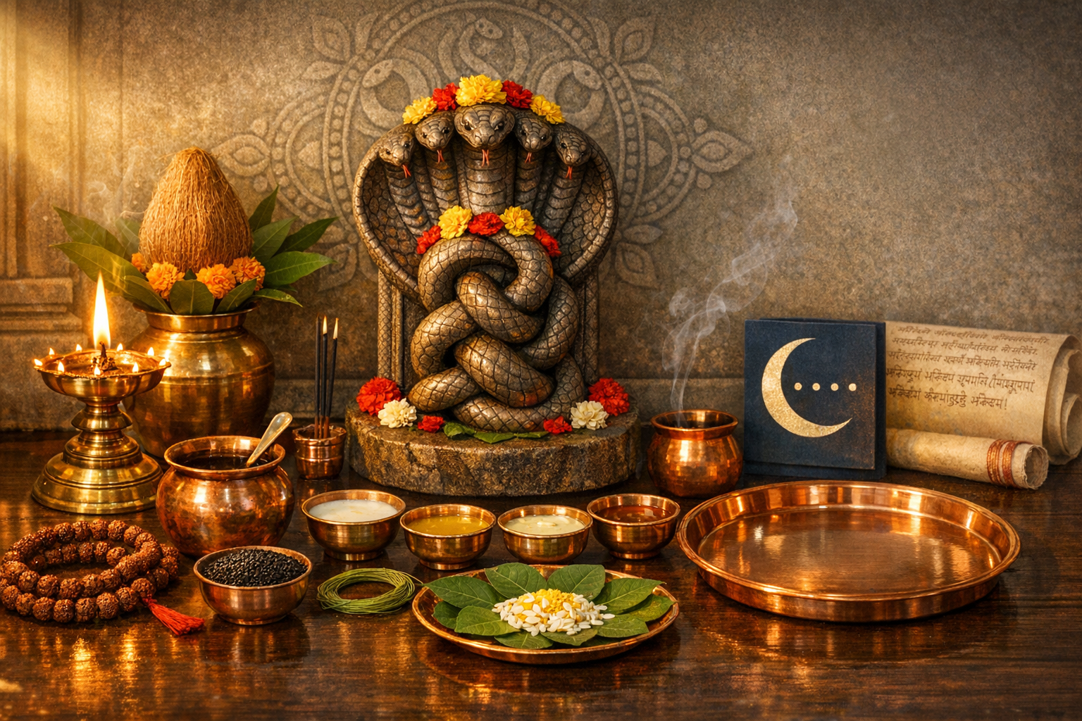 Traditional naga puja altar: five‑hooded serpent idol with marigold and jasmine, lit brass diya, incense smoke, copper vessels, leaf and grain offerings, Rudraksha beads, and Sanskrit scrolls.