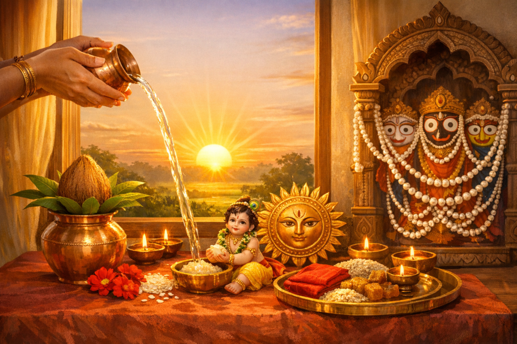Sunrise Hindu puja scene with Laddu Gopal idol, Surya sun emblem, Jagannath deities, copper kalash with coconut, diyas, flowers, and a hand pouring water over rice offerings on a red cloth altar.