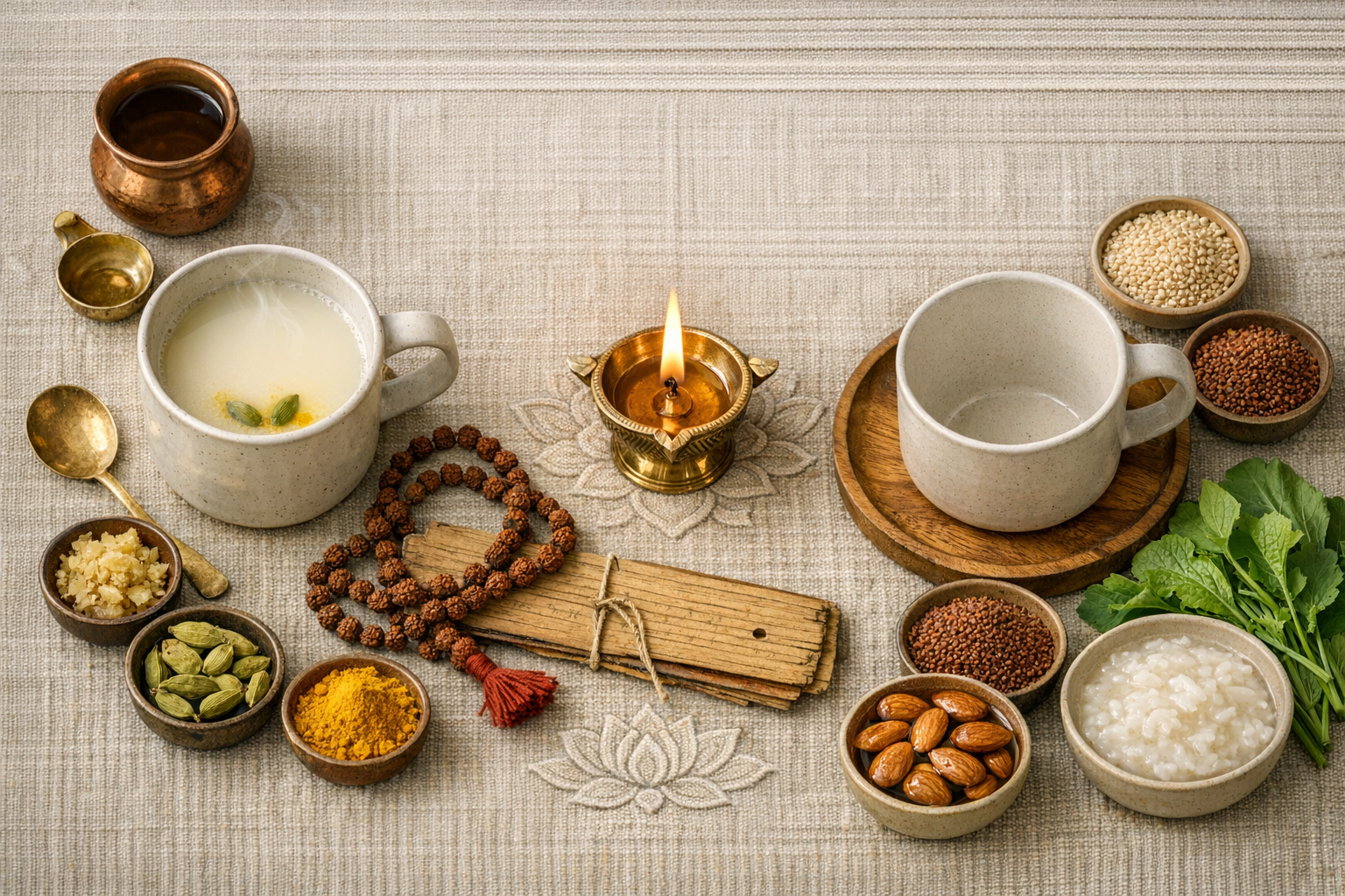 Flat lay of an Ayurvedic morning ritual: steaming cardamom-turmeric milk, brass diya lamp, bowls of spices, nuts, grains, rice porridge, and a rudraksha mala on a woven linen cloth.