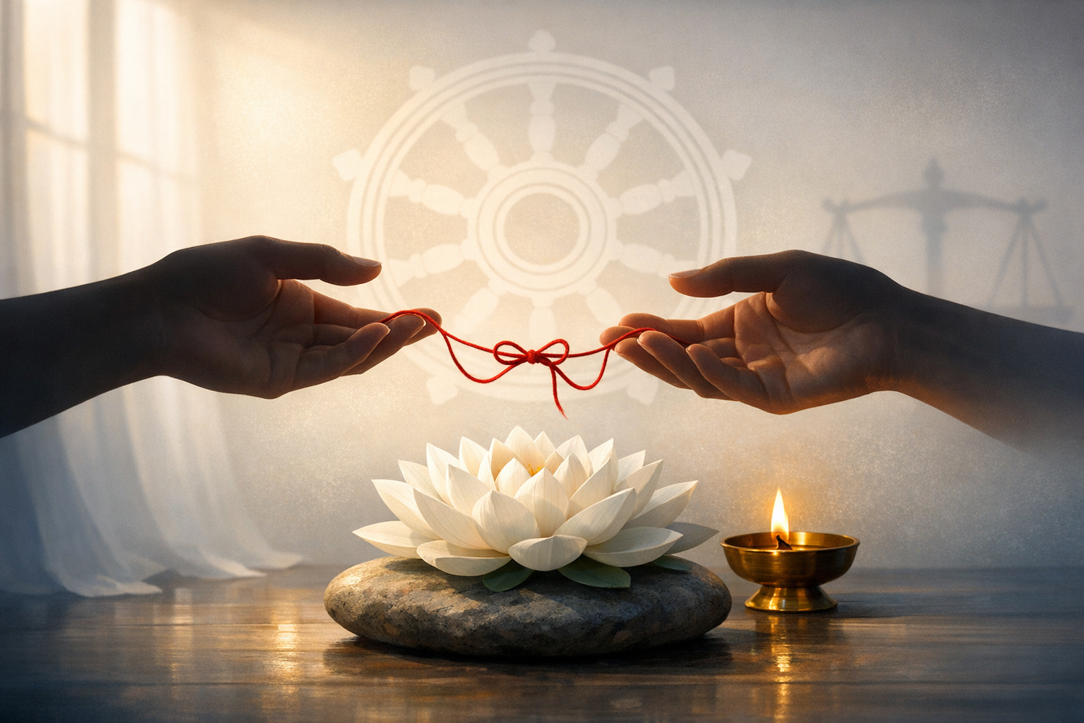 Two hands hold a red string bow above a white lotus on a stone beside an oil lamp; soft light and faint dharma wheel and scales suggest connection, balance, mindfulness, and meditation.