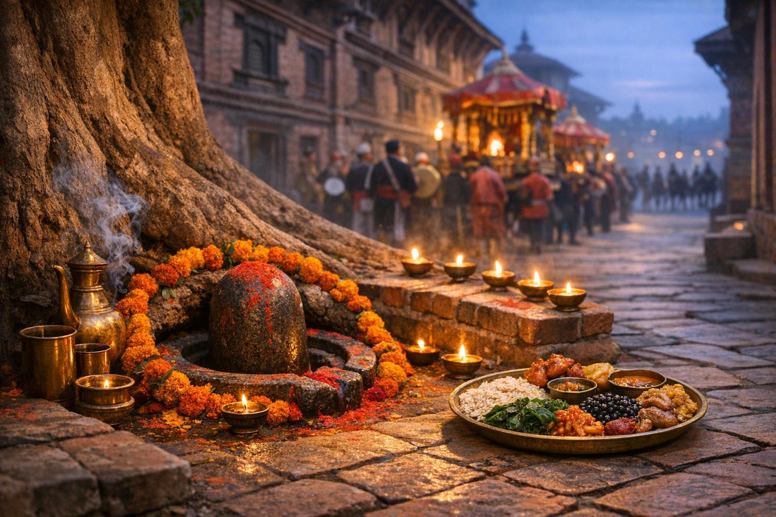 Oil lamps and marigold garlands surround a Shiva lingam beneath a tree, with brass vessels and a festive thali in the foreground, as a twilight street procession passes through a brick courtyard.