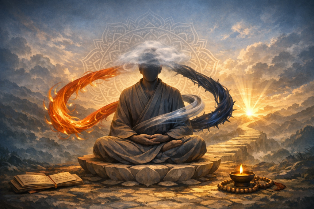 Surreal scene of a robed meditator on a lotus seat as fire and blue wind loop around, head veiled by cloud; sunrise over a mountain path; open book, string of beads, and oil lamp in foreground.