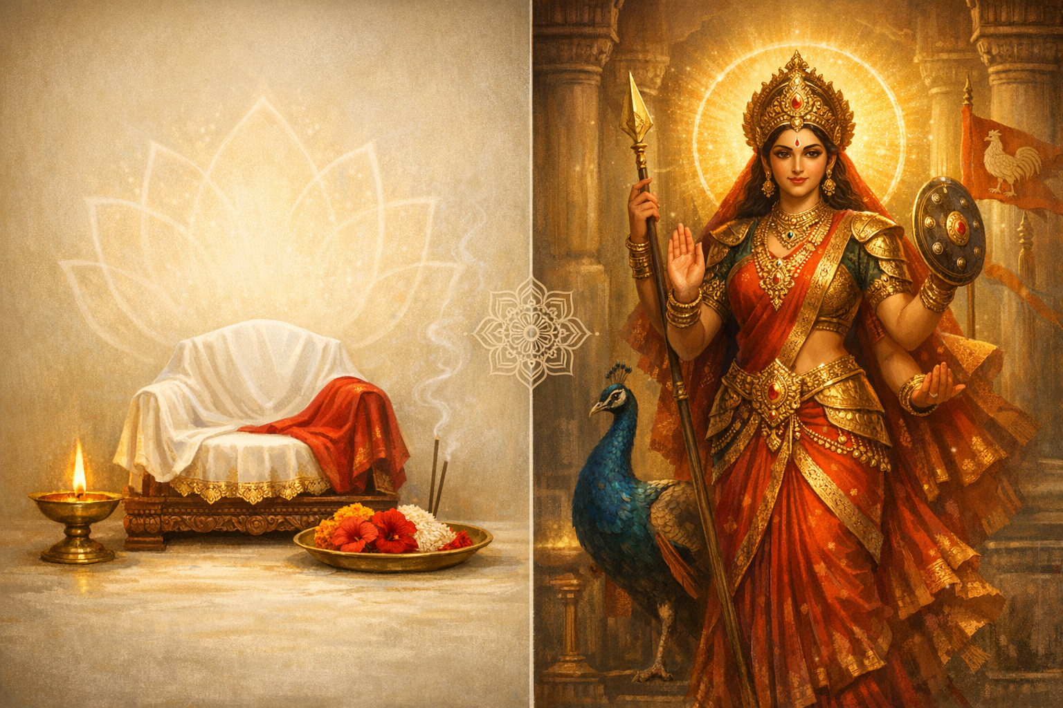 Split image: a puja altar with draped seat, brass oil lamp, incense smoke, and flower offerings before a lotus motif; next, a warrior goddess in red holds spear and shield, haloed, with a peacock beside her.
