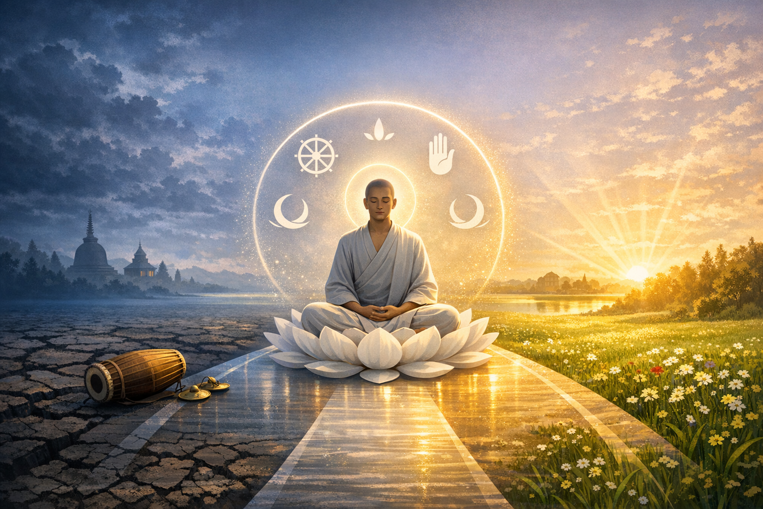 A serene practitioner practicing mindfulness sits on a white lotus at sunrise, framed by glowing spiritual symbols, as a cracked path across dry earth turns into green meadows by a lakeshore.