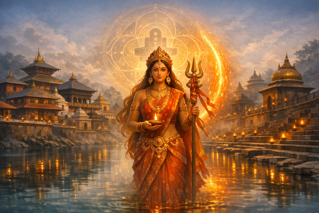 Digital illustration of a goddess-like woman in a red sari standing in a river, holding a diya and trishul, with a glowing mandala and Shiva lingam symbol behind, temples lining stone ghats at dusk.