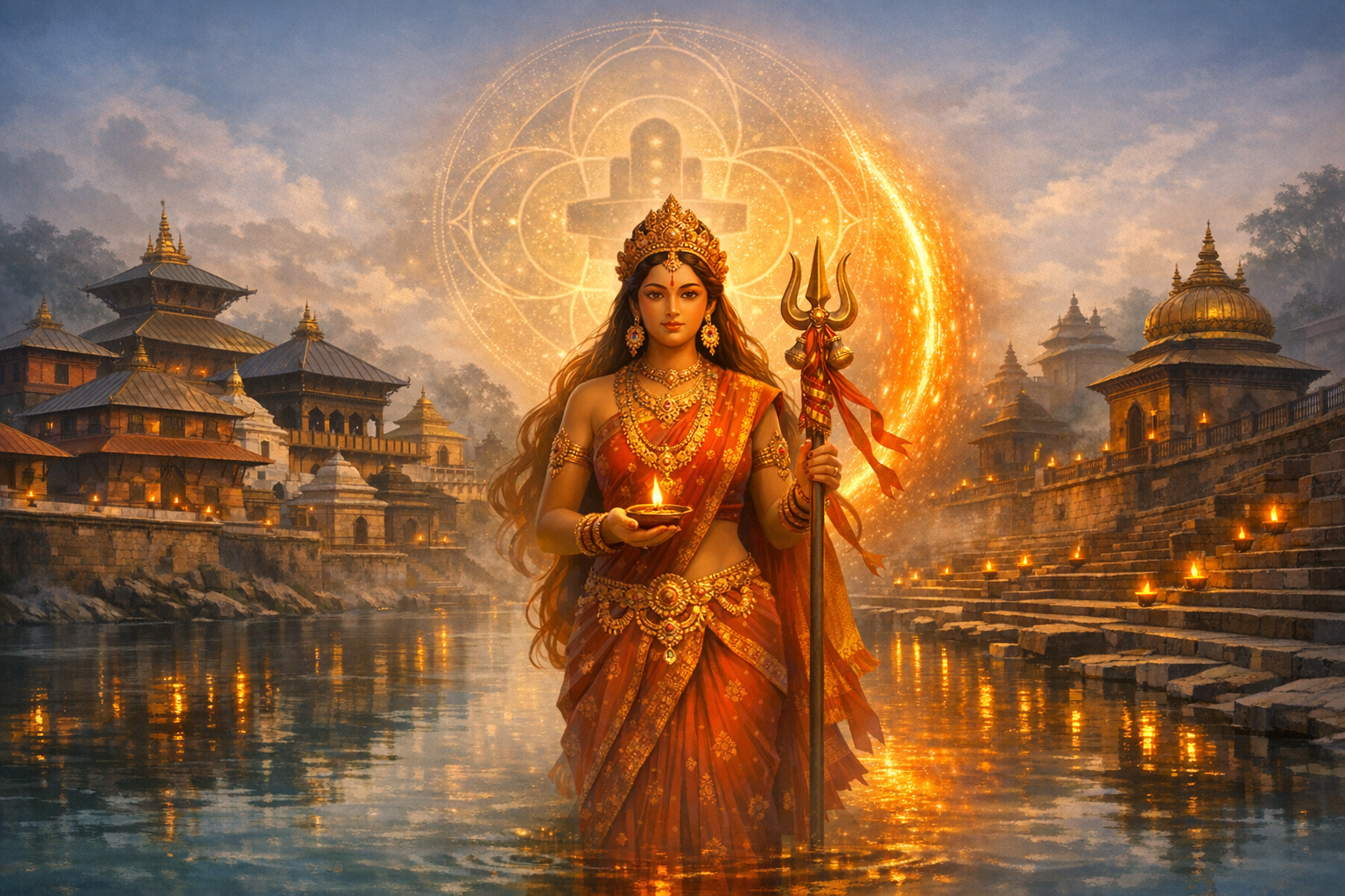 Digital illustration of a goddess-like woman in a red sari standing in a river, holding a diya and trishul, with a glowing mandala and Shiva lingam symbol behind, temples lining stone ghats at dusk.