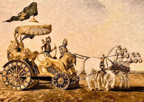 Sepia-toned illustration of an ornate chariot drawn by a team of white horses on a plain, with a warrior and charioteer under a parasol, a banner fluttering above, in epic style for visual testing.