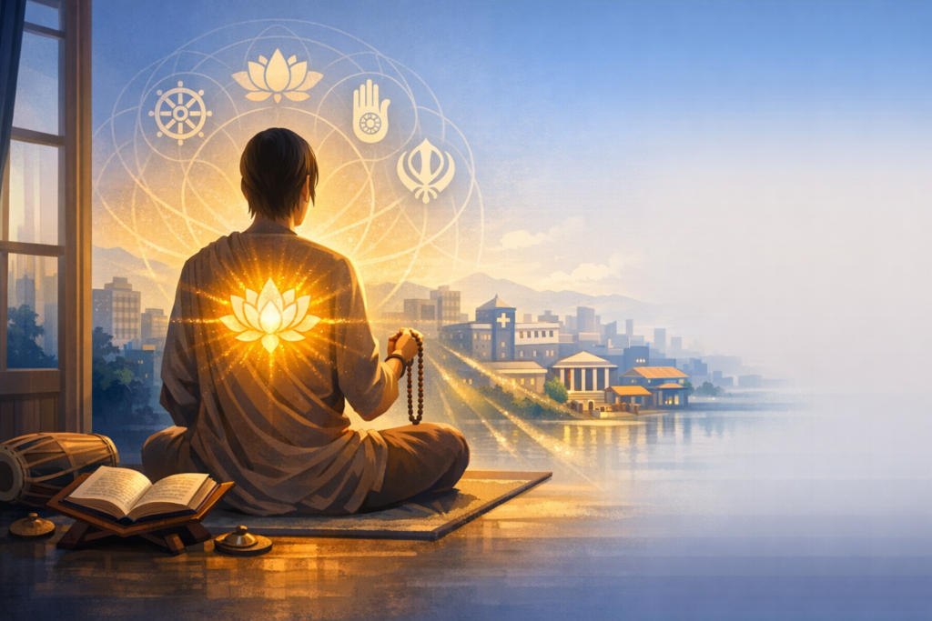 Back view of a person meditating by an open window, holding mala beads, with a glowing lotus on their back and interfaith symbols overhead, facing a sunrise city skyline across a river; mindfulness and spirituality.