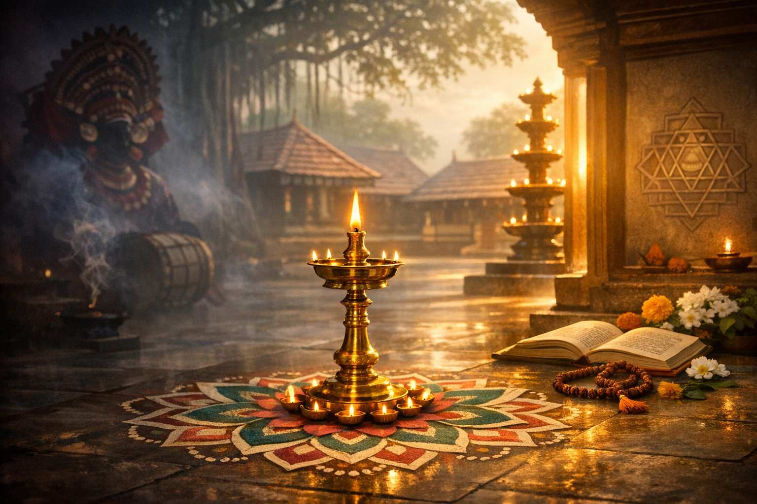 Brass oil lamp glowing on a colorful rangoli in a South Indian temple courtyard, with incense smoke, open scripture, flowers, and a yantra carving amid soft dawn light and tiled shrines during puja.