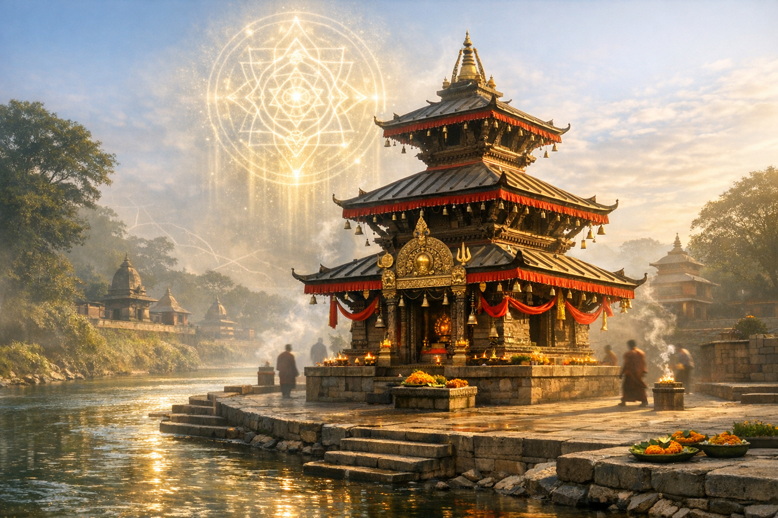 Riverside pagoda-style temple draped with red banners, lit oil lamps and marigold offerings at dawn. Robed devotees move through incense mist as a glowing sacred geometry mandala hovers above shrines.