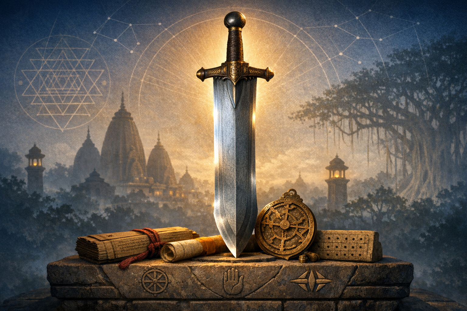 An upright steel sword glows on a stone altar, ringed by palm-leaf scrolls, a brass astrolabe, and carved tablets; behind, ancient temple spires and sacred geometry emerge from a misty forest at dusk.