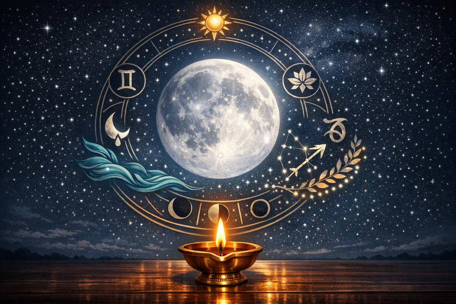 A luminous full moon inside a golden zodiac wheel against a starry sky, showing Gemini, Sagittarius, Capricorn, moon phases, a lotus, and waves; a lit brass oil lamp glows on a wooden surface below.