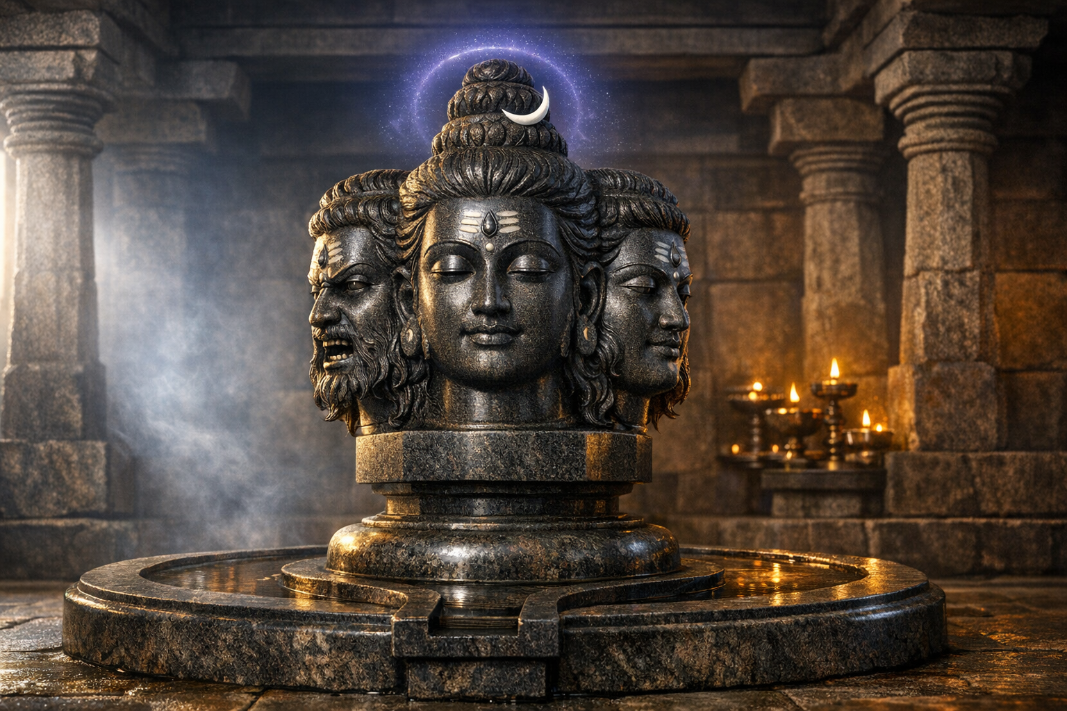 Granite three-faced statue of Shiva in a dim stone temple; the serene central face bears sacred marks and a crescent halo, flanked by contrasting profiles; oil lamps glint on a shallow water basin.