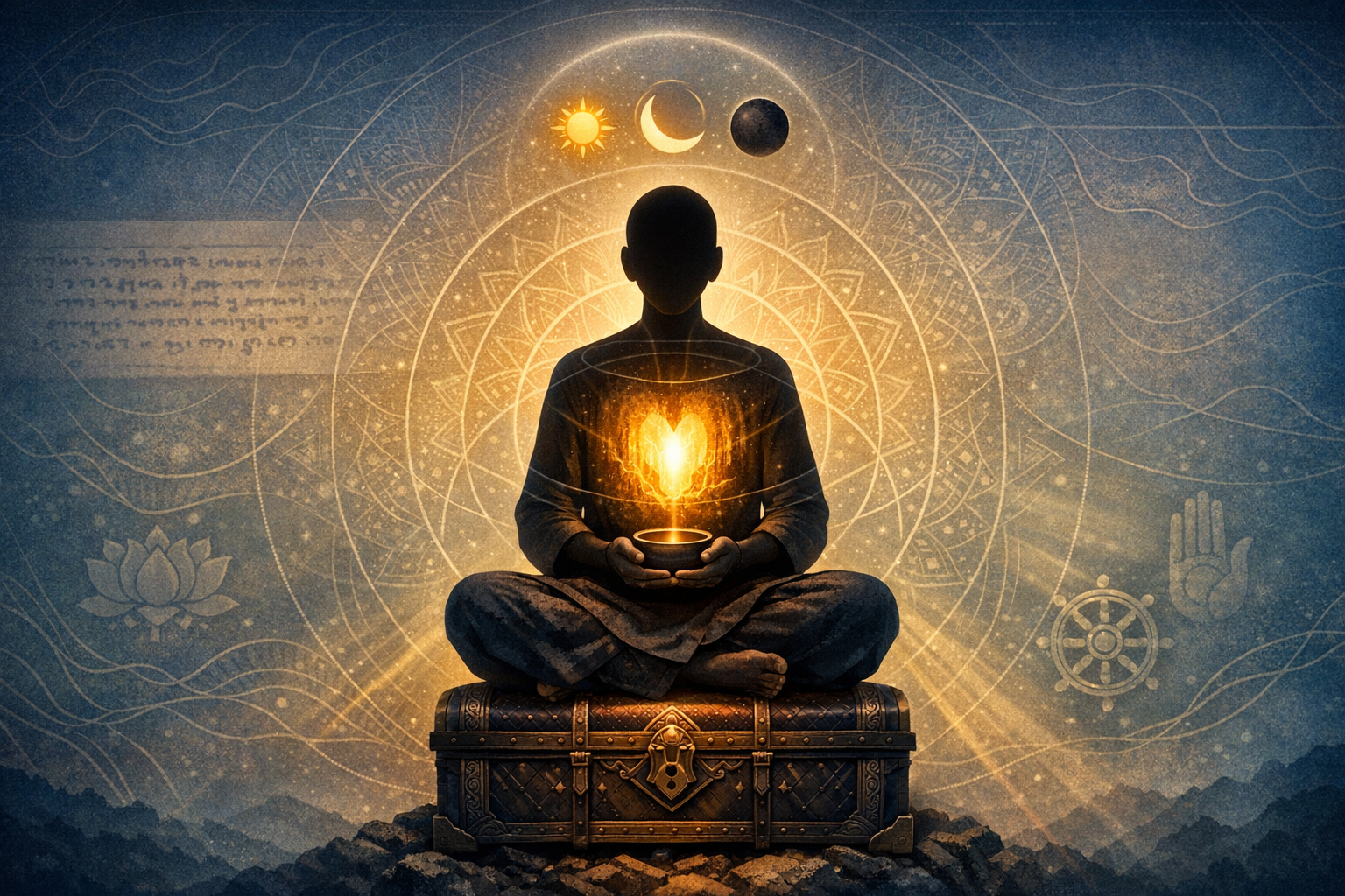 Silhouetted figure meditating cross‑legged on a chest, holding a glowing heart‑shaped light, framed by mandala geometry, sun, moon, and lotus symbols—evoking meditation, mindfulness, spirituality.