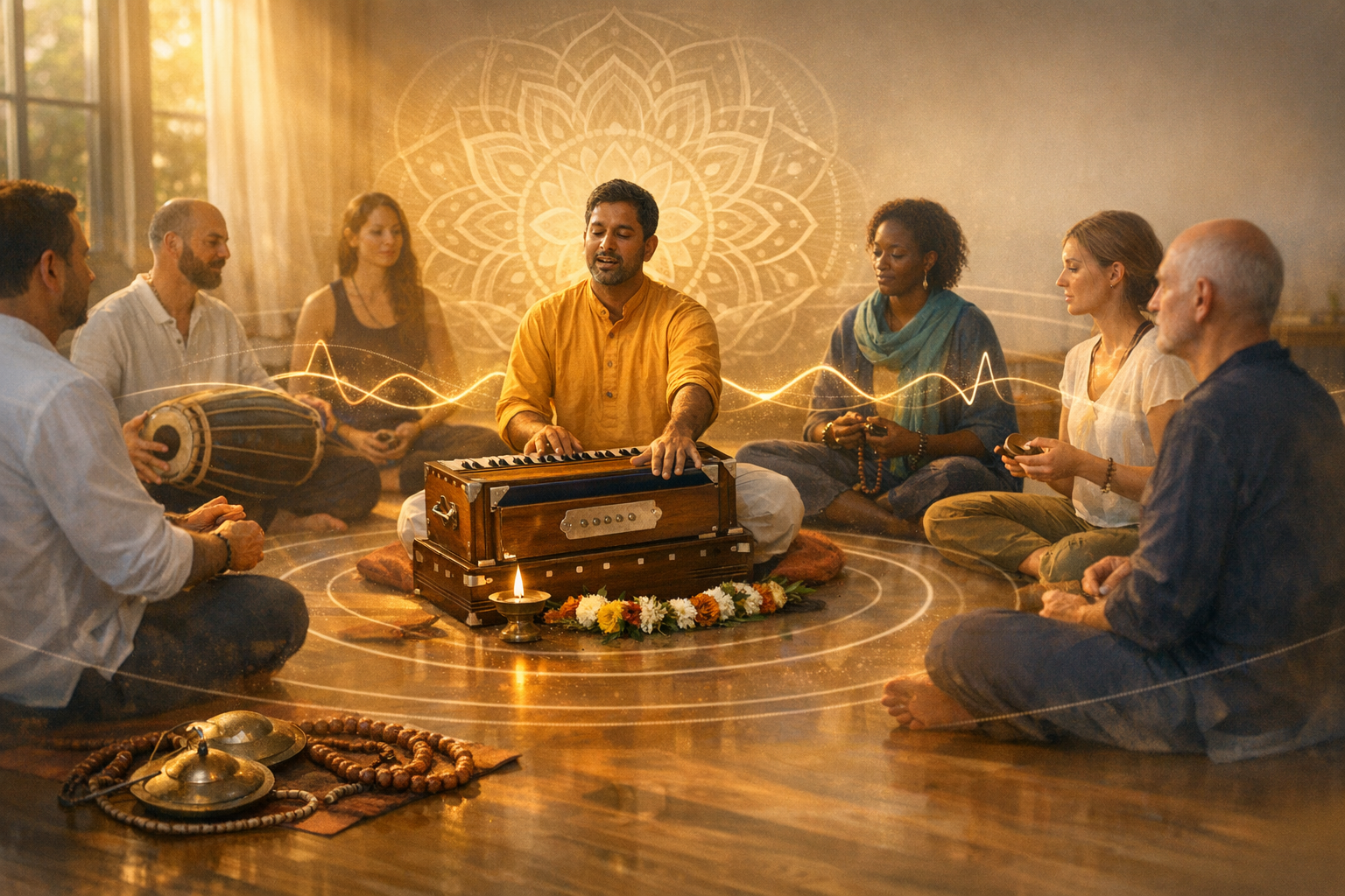 Kirtan and sound healing circle in a sunlit studio: a man in a yellow kurta plays harmonium as others chant with drum, hand cymbals, and mala beads, framed by a mandala backdrop and glowing sound waves.