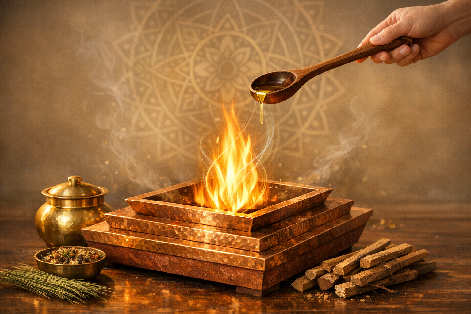 A hand pours ghee from a wooden spoon into a glowing ritual fire in a tiered hammered-copper havan kund, with a brass pot, herb bowl, and wood sticks on a warm altar before a soft mandala backdrop.