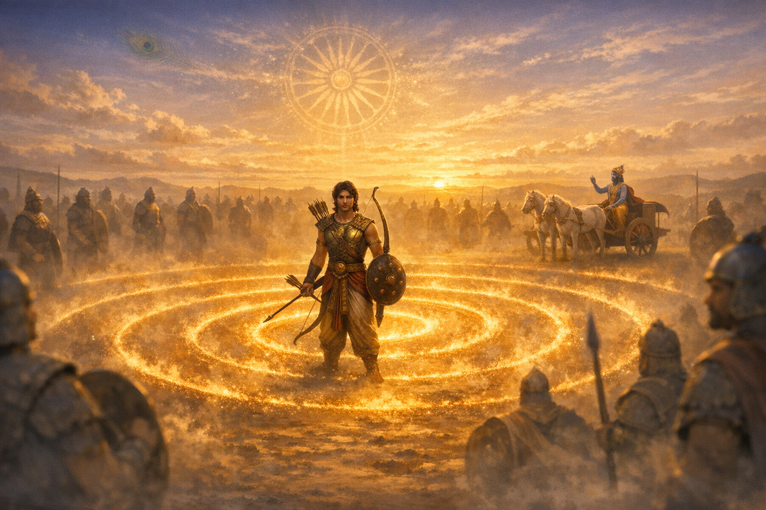 At golden hour on Kurukshetra, Arjuna stands within glowing rings, bow and shield ready, as Krishna guides from a chariot; warriors encircle them beneath a radiant dharma wheel in the dusty sky.