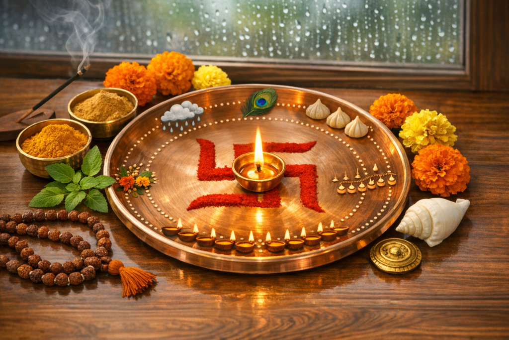 Brass puja thali with lit diya over red Hindu swastika rangoli, lined with tiny oil lamps, modaks, marigolds, turmeric, kumkum, tulsi, rudraksha and a shankh, set by a rain-speckled window.