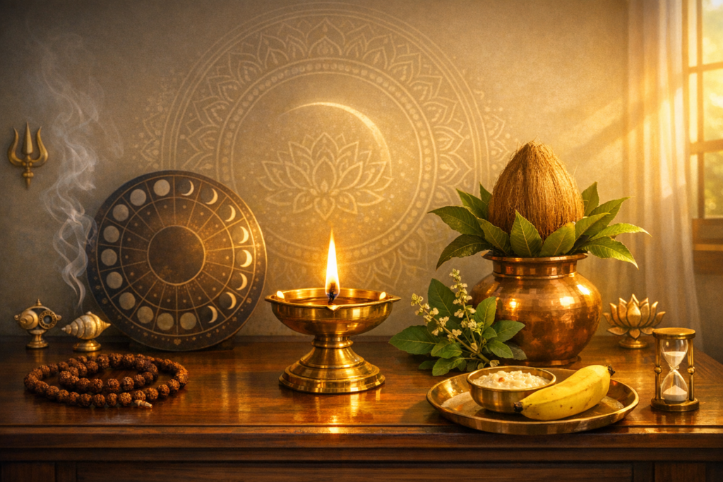 Sunlit Hindu puja altar with a lit brass diya, copper kalash crowned by a coconut and mango leaves, incense smoke, rudraksha mala, conch, lunar phase disc, and prasad of banana and kheer.
