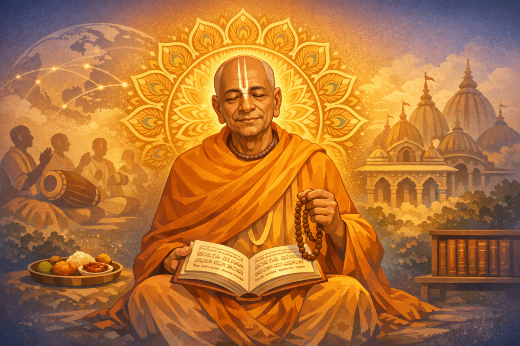 Illustrated scene of a serene elder in saffron robes, cross‑legged with eyes closed, holding prayer beads and reading a sacred text; domed shrines, musicians, and vegetarian food glow in golden light.