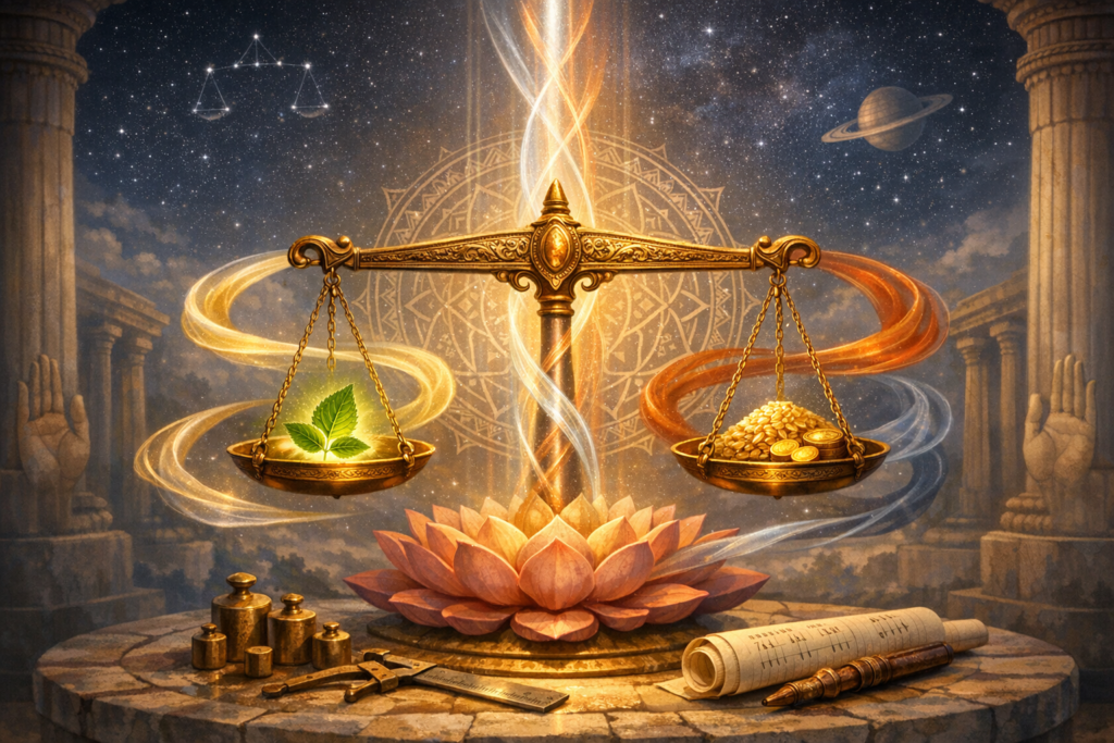 Ornate balance scale in a classical setting weighs a glowing green sprout against a heap of gold coins, symbolizing sustainability, ESG, and profit tradeoffs; lotus, scroll and night sky with Libra