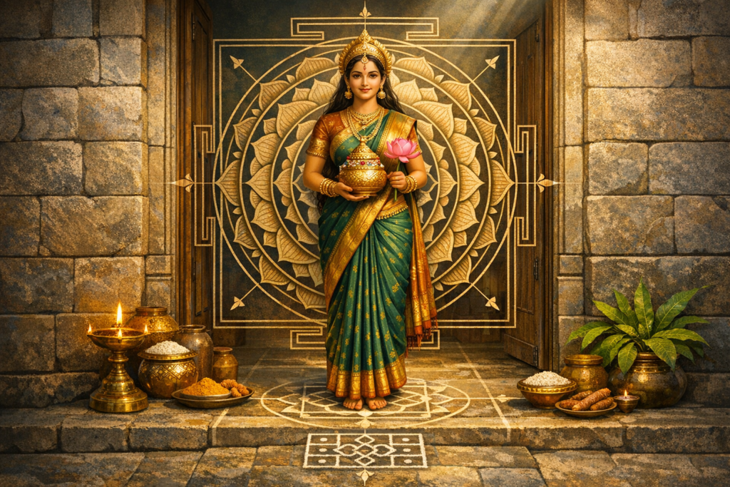 Illustration of the Hindu goddess Lakshmi in a green and gold sari, holding a lotus and a kalash, standing before a mandala at a temple entrance, surrounded by lit diyas, rice, turmeric, and brass pots.