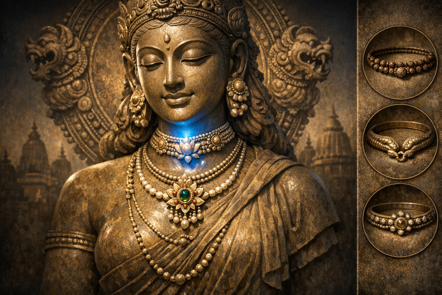 Stone sculpture of a serene goddess wearing temple jewelry; layered necklaces, lotus pendants with a soft blue glow, earrings and crown; panels show three ornate gold bangles; Indian temple backdrop.