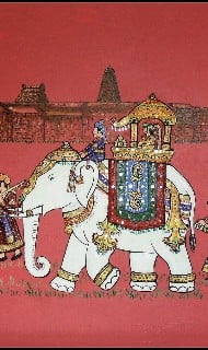 Traditional Indian artwork of a royal procession: a caparisoned white elephant with jeweled howdah, king and attendants, temple silhouettes on red; fitting for Articles on the four wives parable.