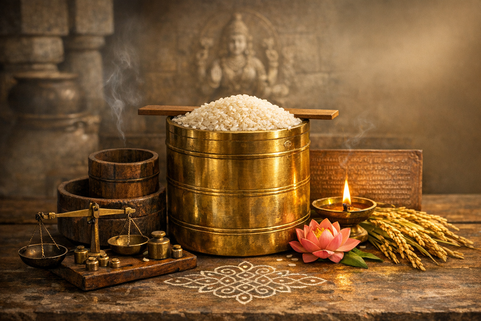Brass pot piled with white rice on a South Indian table beside balance scales, wooden measures, a lit oil lamp, lotus, and rice stalks, with a kolam design and a carved deity relief in the background.