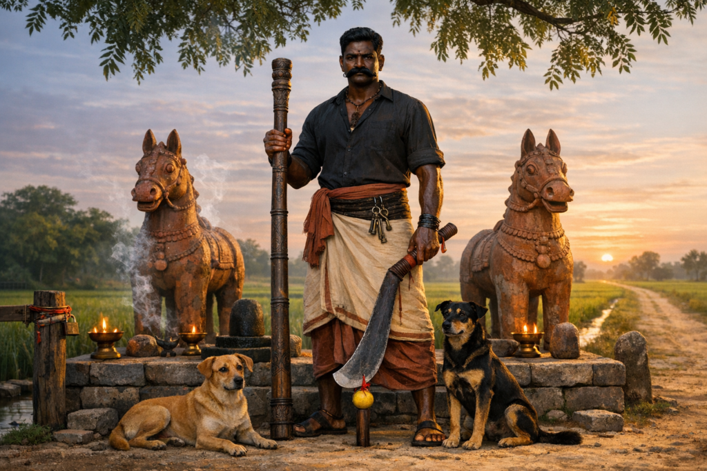 Sunset portrait of a man in a dark shirt and cotton wrap between two terracotta horse statues at a rural shrine, holding a staff and curved blade, with two dogs and smoking oil lamps—heritage.