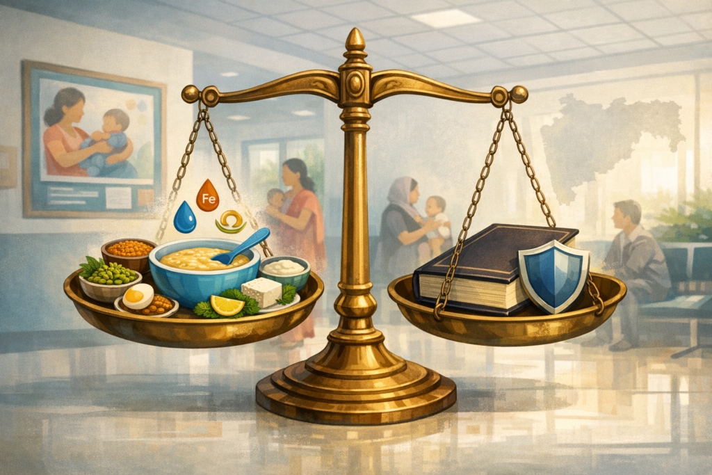 Brass balance in a clinic: one pan holds porridge, lentils, egg, tofu and icons (water, iron, omega-3); the other has policy books and a shield, linking maternal and child nutrition to protection.