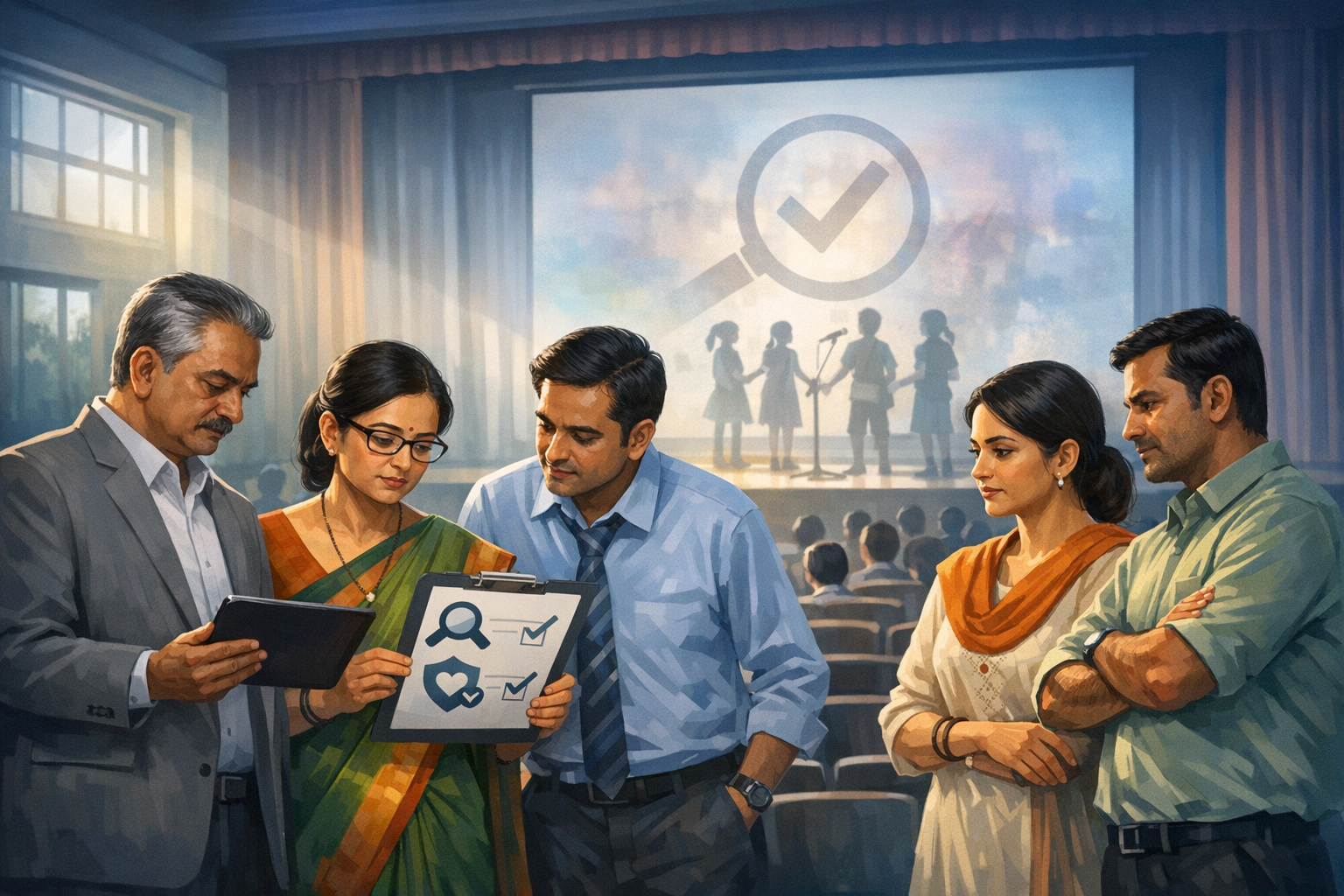 In a school auditorium, five adults review a clipboard and tablet while children perform onstage; a projected check mark signals student assessment in education and parent-teacher collaboration.