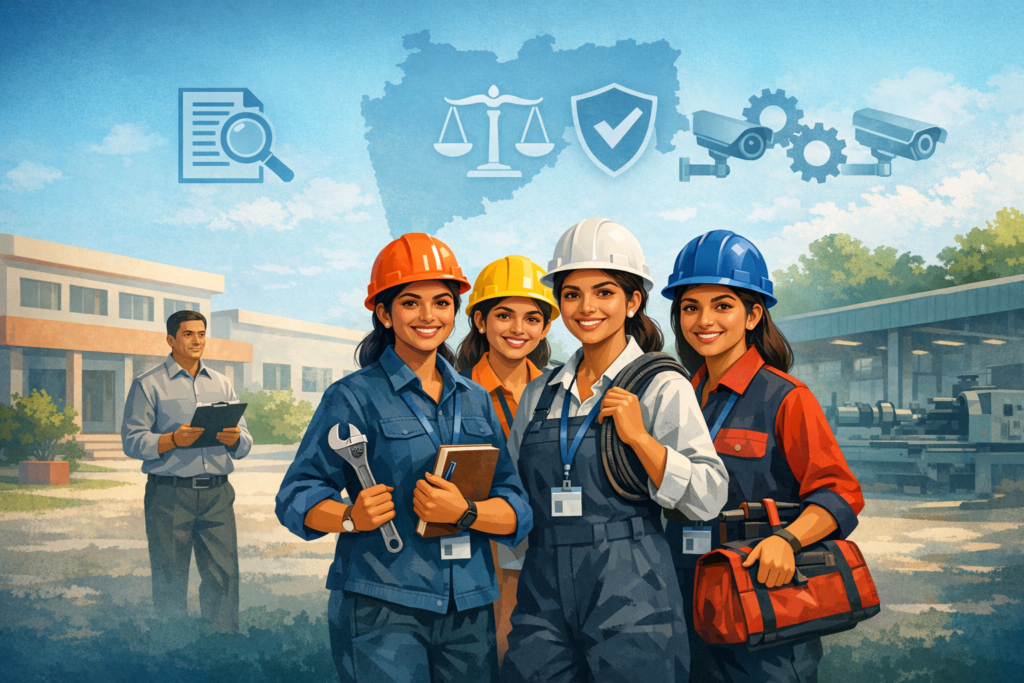 Illustration of four women engineers in hard hats at a training campus, holding tools and notebooks, with icons for policy, safety, and surveillance, symbolizing industrial training and compliance.