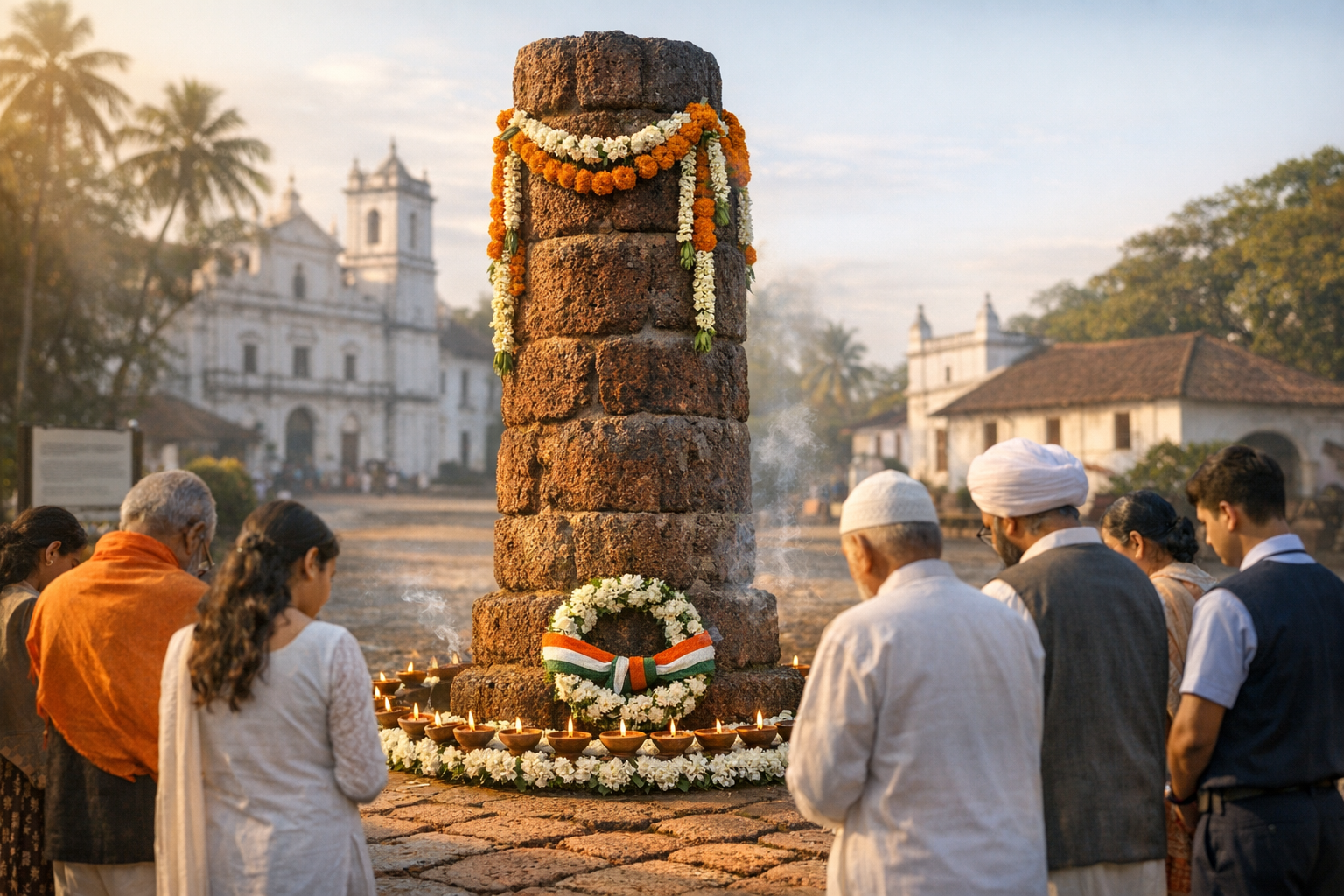 People stand in silence around a stone memorial adorned with marigold and jasmine garlands, an Indian tricolor wreath, and rows of diyas in a heritage church square at sunrise—community remembrance.