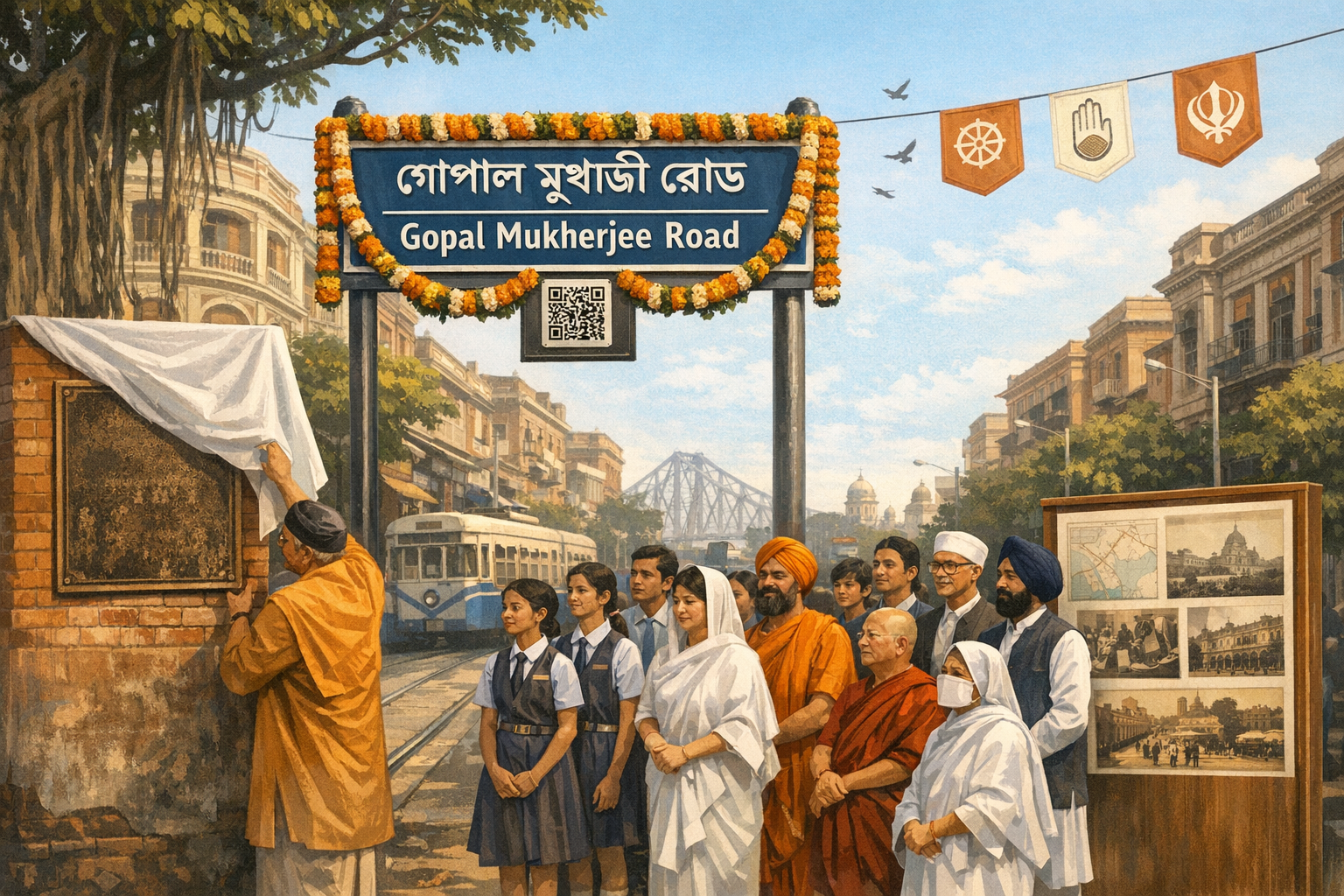 Community unveiling a heritage plaque beneath a garlanded Gopal Mukherjee Road sign in Kolkata, with tram tracks, Howrah Bridge skyline, students and elders gathered, and a QR code below.
