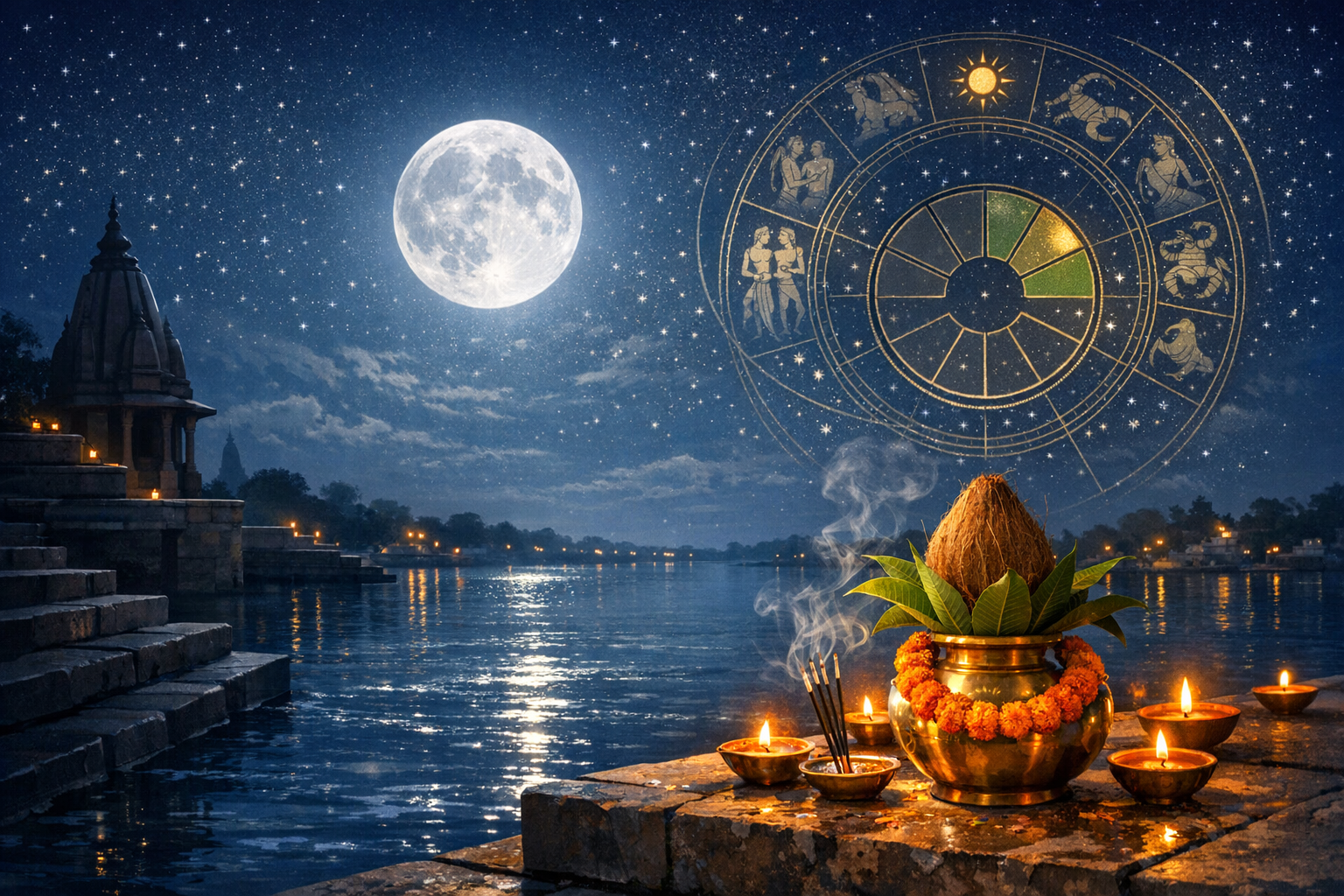 Full moon over a riverside temple; diyas and incense glow beside a brass kalash with coconut and marigold as a golden astrology zodiac wheel overlays the starry sky.