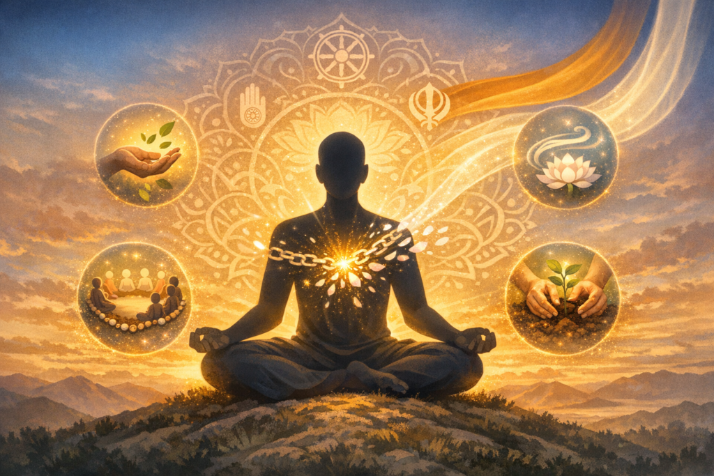 Silhouette meditating on a hill at sunrise, a chain breaks at the chest within a mandala. Four orbs show giving hands, lotus and breath, a community circle, and a seedling—mindfulness.