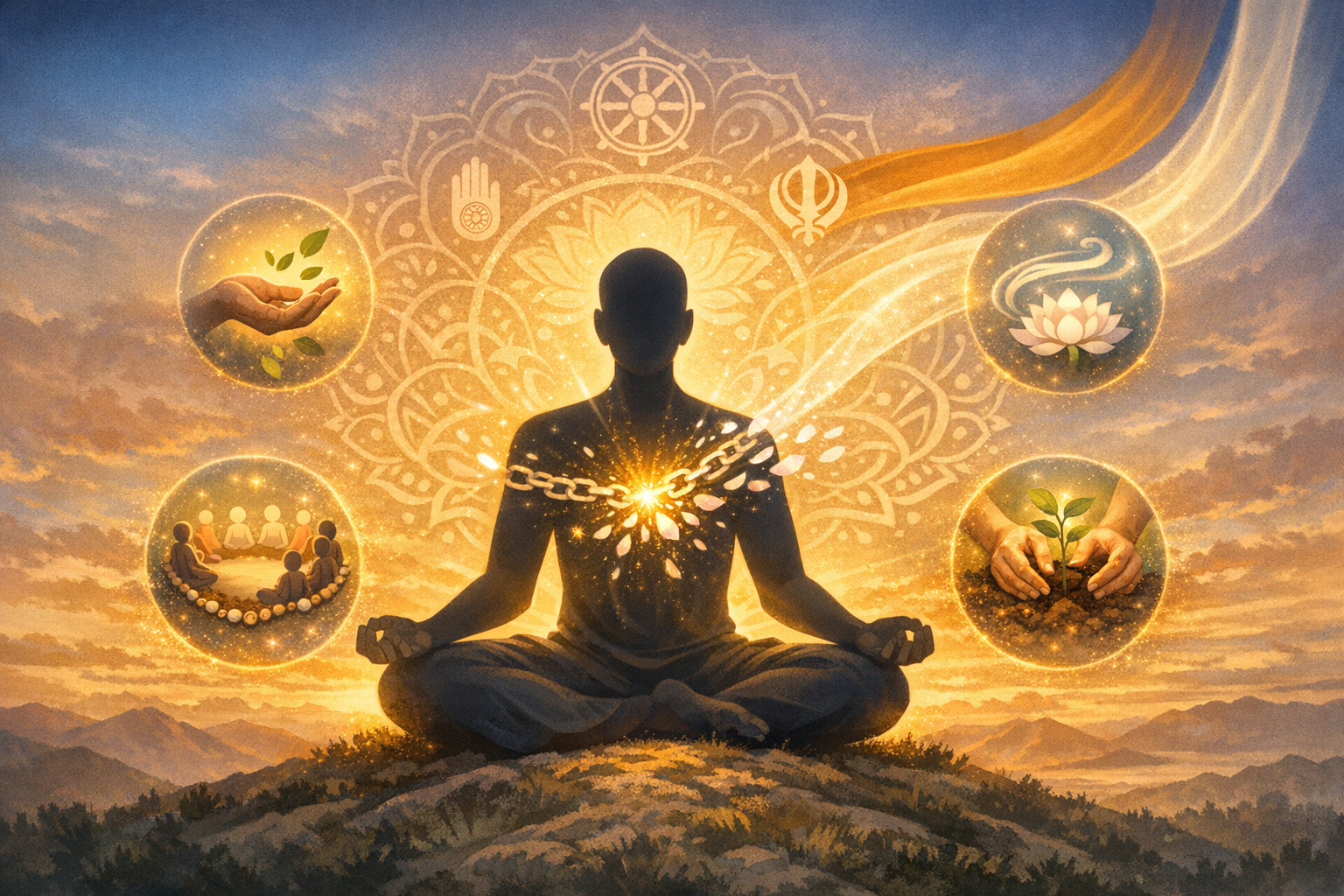 Silhouette meditating on a hill at sunrise, a chain breaks at the chest within a mandala. Four orbs show giving hands, lotus and breath, a community circle, and a seedling—mindfulness.