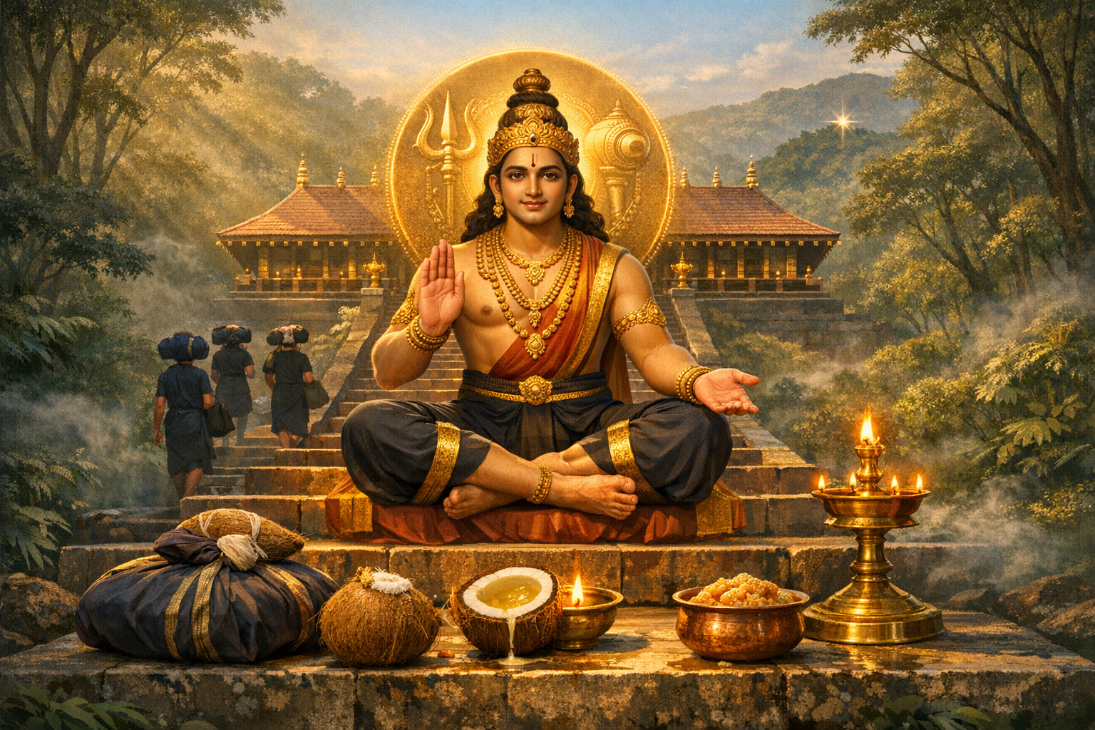 Illustration of Lord Ayyappa seated cross-legged before a hill temple, golden halo behind; devotees in black ascend with irumudi kettu as brass lamps, coconuts and prasad sit in front, evoking Sabarimala.