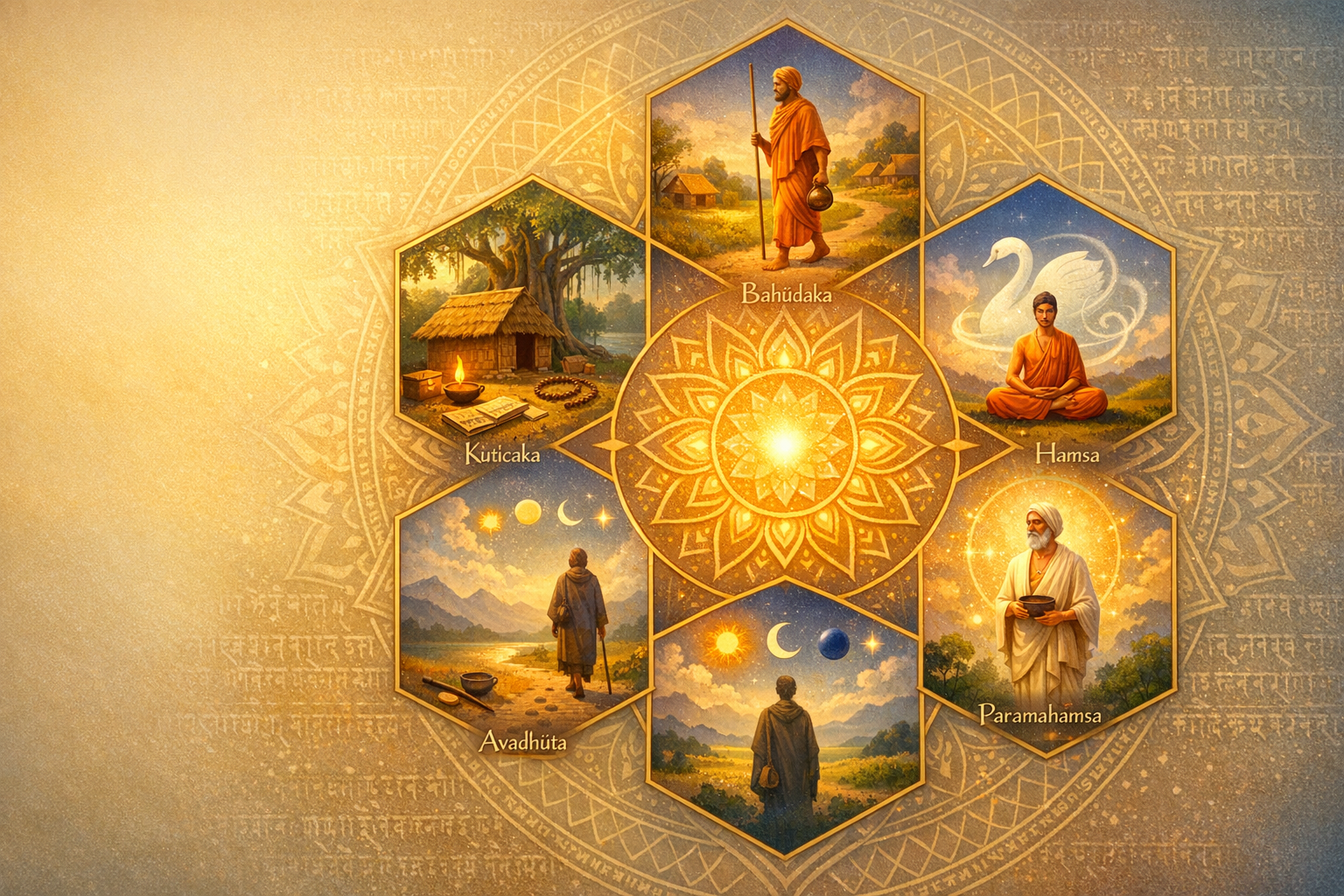 Golden mandala with five hexagonal panels of Hindu renunciation—Kutiçaka hut, Bahudaka wanderer, Hamsa with swan, Avadhuta under sun and moon, Paramahamsa elder—arrayed around a radiant center.