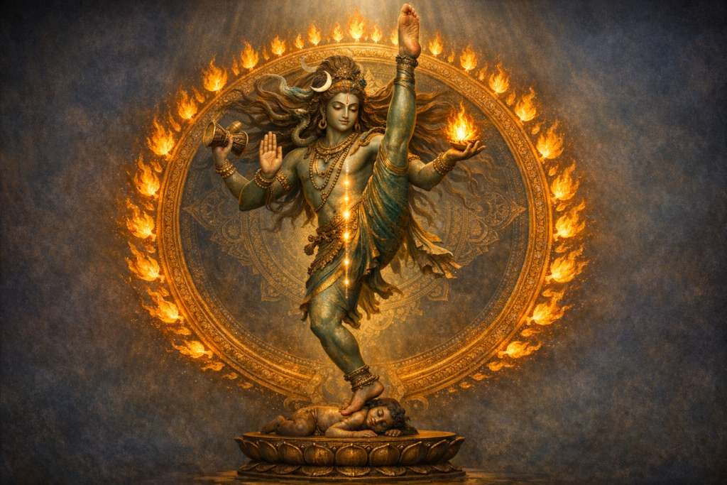 Intricate depiction of Shiva as Nataraja dancing inside a ring of flames, one leg lifted high, holding a damaru and a flame, subduing Apasmara on a lotus pedestal; glowing, ornate Hindu Indian art.