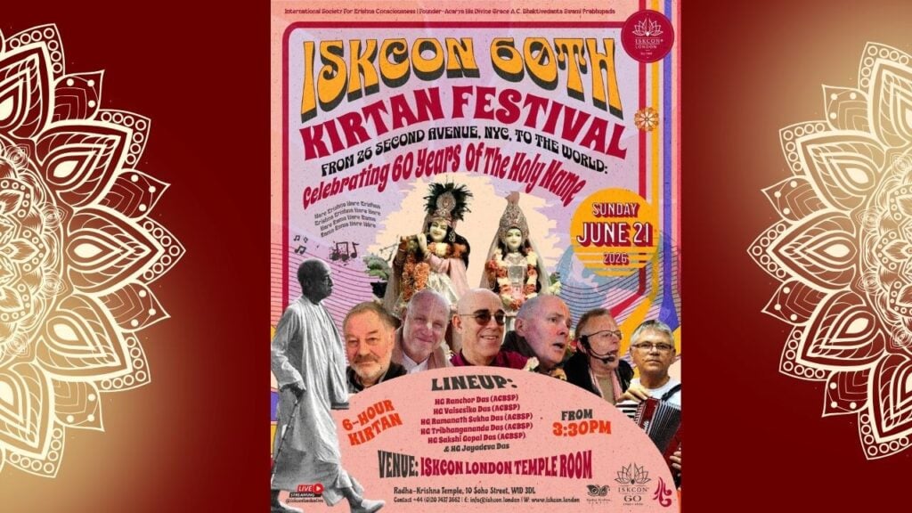 Poster for ISKCON 60th Kirtan Festival, London - celebrating 60 years of the Holy Name. 21 June 2026, 6-hour kirtan from 3:30 pm at ISKCON London Temple Room; deities and portraits; testing.