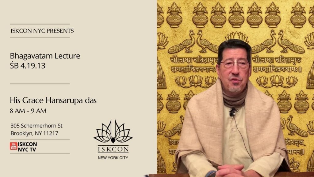 ISKCON NYC poster for Bhagavatam Lecture ŚB 4.19.13: details show 8–9 AM at 305 Schermerhorn St, Brooklyn; a seated speaker appears before a gold peacock-and-lotus backdrop. testing