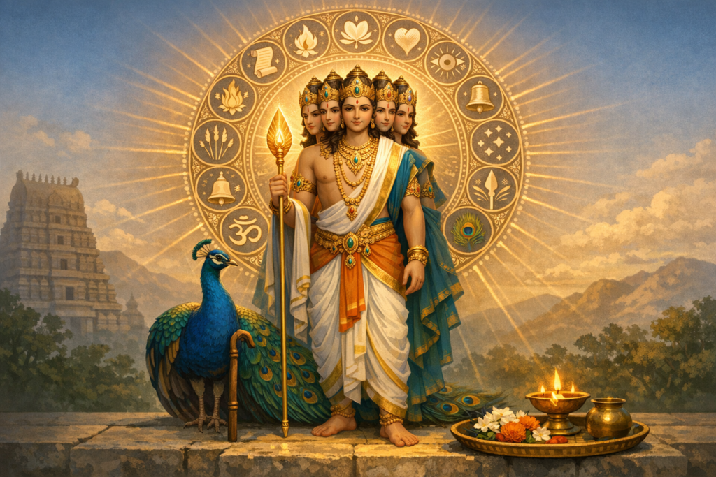 Illustration of the Hindu deity Murugan (Kartikeya), multi-faced, holding the Vel beside a peacock, ringed by sacred symbols, near a South Indian temple with lamps and floral puja offerings.