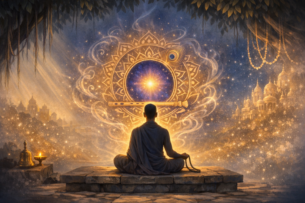 A robed figure meditating with prayer beads sits on a stone platform before a glowing mandala and cosmic light, with a flute and peacock feather motif and temples, evoking bhakti, yoga, spirituality.